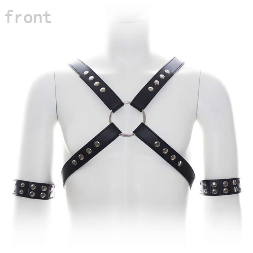 Male Sexy Leather Body Harness Bondage Chest Belt Straps with Arm Binders